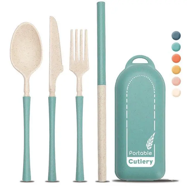 Alt view image 2 of 7 - 4Pack Folding Cutlery Set with Case, Travel Foldable Collapsible Portable Wheat Spoon Fork Straw Utensil Tableware for Picnic Camping