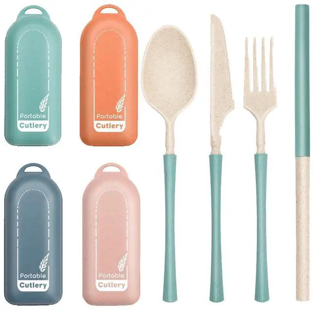 Main image of 4Pack Folding Cutlery Set with Case, Travel Foldable Collapsible Portable Wheat Spoon Fork Straw Utensil Tableware for Picnic Camping