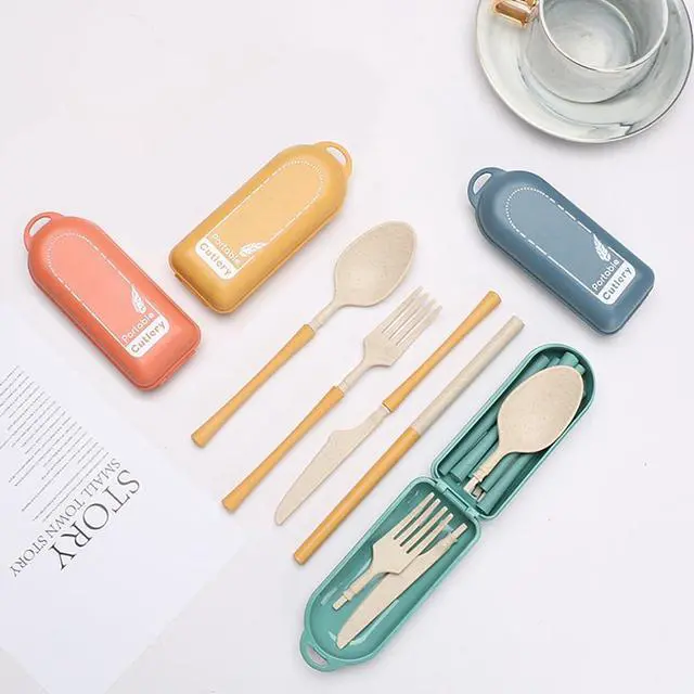 Alt view image 3 of 7 - 4Pack Folding Cutlery Set with Case, Travel Foldable Collapsible Portable Wheat Spoon Fork Straw Utensil Tableware for Picnic Camping