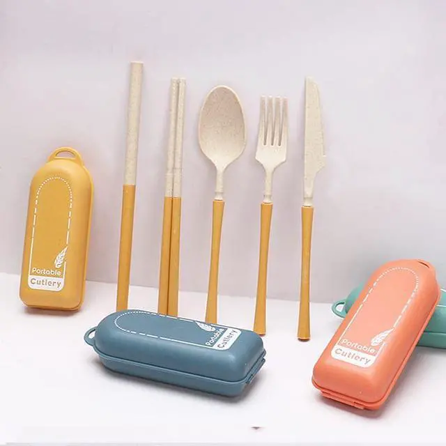Alt view image 4 of 7 - 4Pack Folding Cutlery Set with Case, Travel Foldable Collapsible Portable Wheat Spoon Fork Straw Utensil Tableware for Picnic Camping