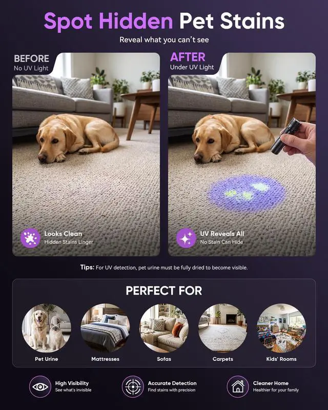 Alt view image 3 of 7 - Black Light Flashlight,395nm Mini Zoomable UV Light | Portable But Powerful,Ultraviolet Flashlights for Pet Urine Detection, Home, Scorpions, Resin Curing, Leak, Fluorescent