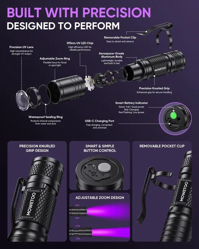Alt view image 6 of 7 - Black Light Flashlight,395nm Mini Zoomable UV Light | Portable But Powerful,Ultraviolet Flashlights for Pet Urine Detection, Home, Scorpions, Resin Curing, Leak, Fluorescent