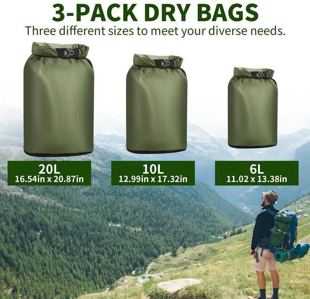 Alt view image 2 of 7 - Dry Bag Waterproof 3 Pack Lightweight Dry Sack, 6L&10L&20L Outdoor Stuff Sack, Durable Wet Dry Storage Bag for Hiking, Backpacking, Camping, Kayaking, Swimming, Boating- Green