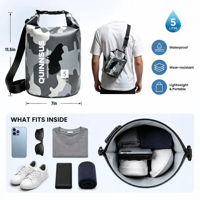 Alt view image 2 of 7 - Waterproof Dry Bag Backpack 5L Roll Top Floating Sack Keeps Gear Dry for Kayaking, Boating, Fishing, Camping, Swimming & Hiking, Beach Accessories Grey Camo