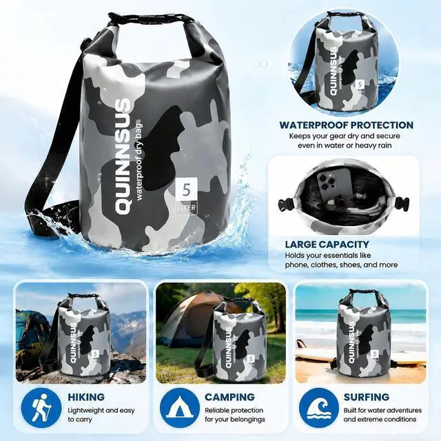 Alt view image 3 of 7 - Waterproof Dry Bag Backpack 5L Roll Top Floating Sack Keeps Gear Dry for Kayaking, Boating, Fishing, Camping, Swimming & Hiking, Beach Accessories Grey Camo