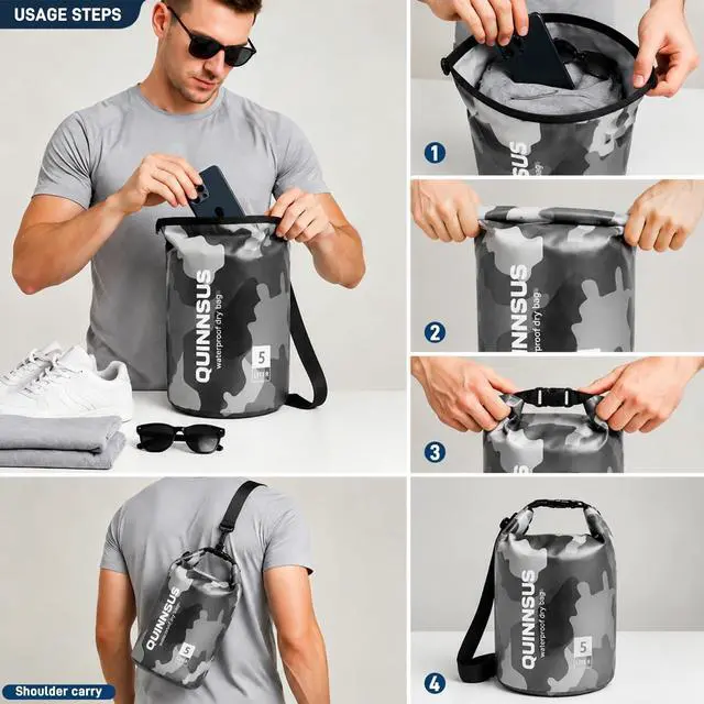 Alt view image 4 of 7 - Waterproof Dry Bag Backpack 5L Roll Top Floating Sack Keeps Gear Dry for Kayaking, Boating, Fishing, Camping, Swimming & Hiking, Beach Accessories Grey Camo