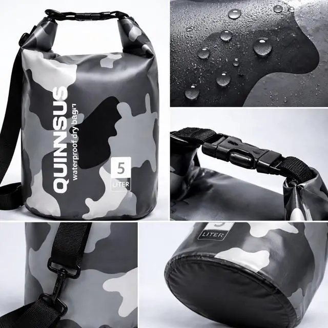 Alt view image 5 of 7 - Waterproof Dry Bag Backpack 5L Roll Top Floating Sack Keeps Gear Dry for Kayaking, Boating, Fishing, Camping, Swimming & Hiking, Beach Accessories Grey Camo