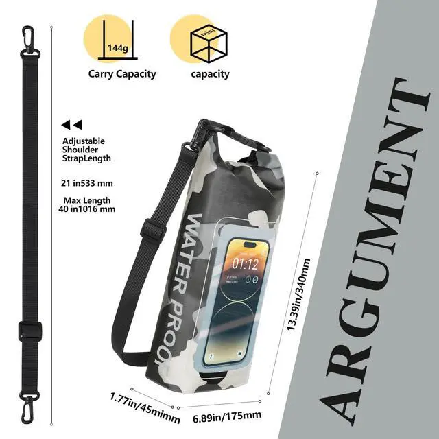 Alt view image 2 of 6 - IP68 Waterproof Dry Bag, 2L - Roll Top Waterproof Pool BagDry Bags for Kayaking Waterproof-w/Phone Pouch,Large Waterproof Phone Pouch,Boating & Kayak Accessories Camping (Gray 2L)