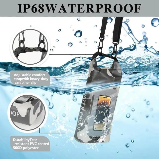 Alt view image 4 of 6 - IP68 Waterproof Dry Bag, 2L - Roll Top Waterproof Pool BagDry Bags for Kayaking Waterproof-w/Phone Pouch,Large Waterproof Phone Pouch,Boating & Kayak Accessories Camping (Gray 2L)