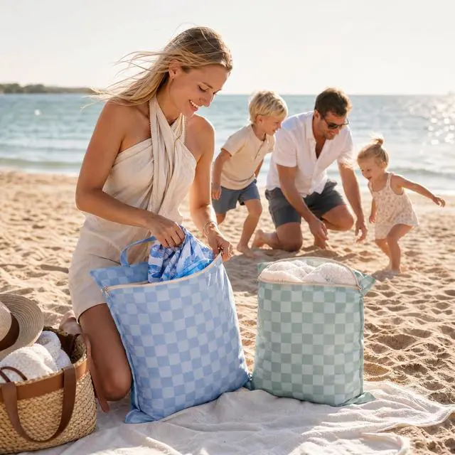 Alt view image 2 of 7 - Stylish Wet Dry Bags For Swimsuits Set of 2 - Large Waterproof Laundry Bags | Keeps Wet & Dry Clothes Separated - Cute Checkered Design with Zipper & Handle, Great for Pool, Beach & Camping