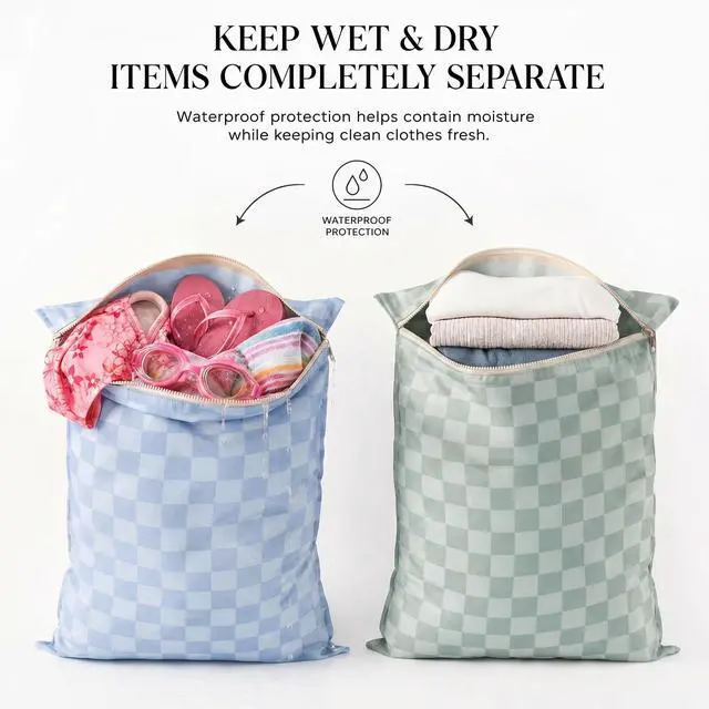 Alt view image 3 of 7 - Stylish Wet Dry Bags For Swimsuits Set of 2 - Large Waterproof Laundry Bags | Keeps Wet & Dry Clothes Separated - Cute Checkered Design with Zipper & Handle, Great for Pool, Beach & Camping