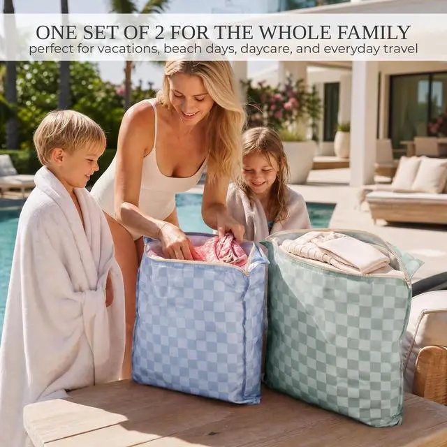 Alt view image 4 of 7 - Stylish Wet Dry Bags For Swimsuits Set of 2 - Large Waterproof Laundry Bags | Keeps Wet & Dry Clothes Separated - Cute Checkered Design with Zipper & Handle, Great for Pool, Beach & Camping