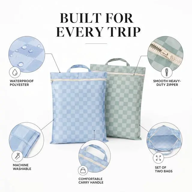 Alt view image 7 of 7 - Stylish Wet Dry Bags For Swimsuits Set of 2 - Large Waterproof Laundry Bags | Keeps Wet & Dry Clothes Separated - Cute Checkered Design with Zipper & Handle, Great for Pool, Beach & Camping