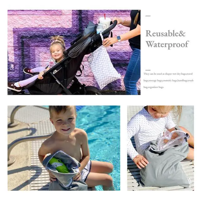 Alt view image 7 of 7 - 2pcs Cloth Diaper Wet Dry Bags Waterproof Reusable with Two Zippered Pockets Travel Beach Pool Daycare Soiled Baby Items Yoga Gym Bag for Swimsuits or Wet Clothes