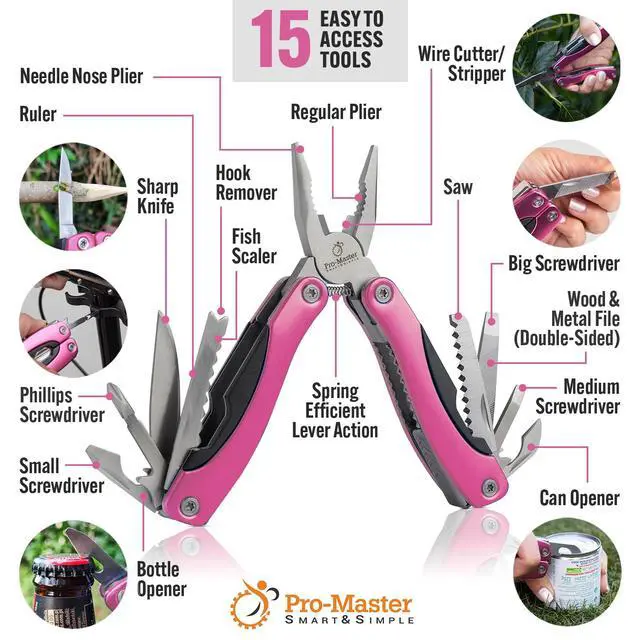 Alt view image 2 of 7 - Pink Multitool 15-in-1 for Mom, Wife, Daughter, Grandma, Practical EDC Multi Tool Pliers, Pocket Knife with Safety-Locking, Great for Hiking, Camping, Simple Repairs, Car Glove Box