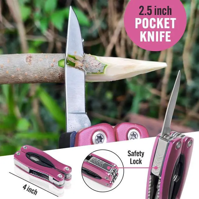 Alt view image 4 of 7 - Pink Multitool 15-in-1 for Mom, Wife, Daughter, Grandma, Practical EDC Multi Tool Pliers, Pocket Knife with Safety-Locking, Great for Hiking, Camping, Simple Repairs, Car Glove Box