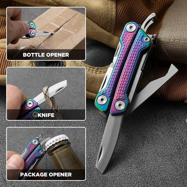 Alt view image 5 of 7 - Multitool, 11-in-1 Mini EDC Multitool, Gifts for Men,Stainless Steel Multi Tool Pliers with Pocket Knife, Scissors, Bottle Opener, Perfect for Camping Survival Outdoor ActivitiesRainbow