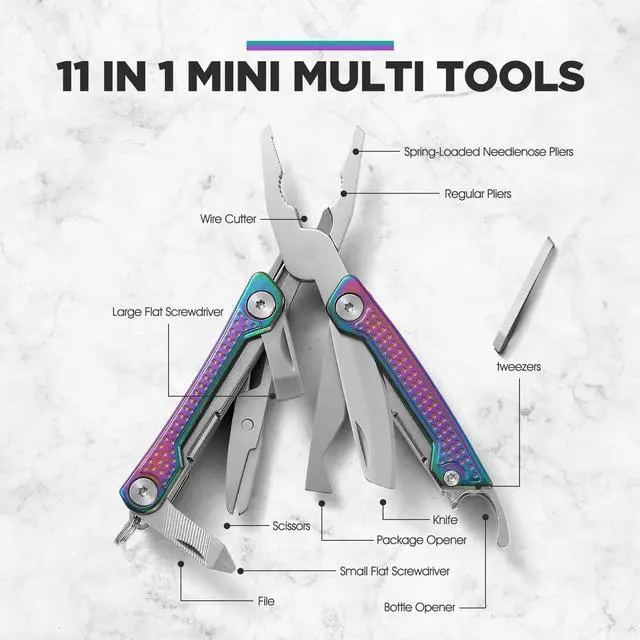 Alt view image 7 of 7 - Multitool, 11-in-1 Mini EDC Multitool, Gifts for Men,Stainless Steel Multi Tool Pliers with Pocket Knife, Scissors, Bottle Opener, Perfect for Camping Survival Outdoor ActivitiesRainbow