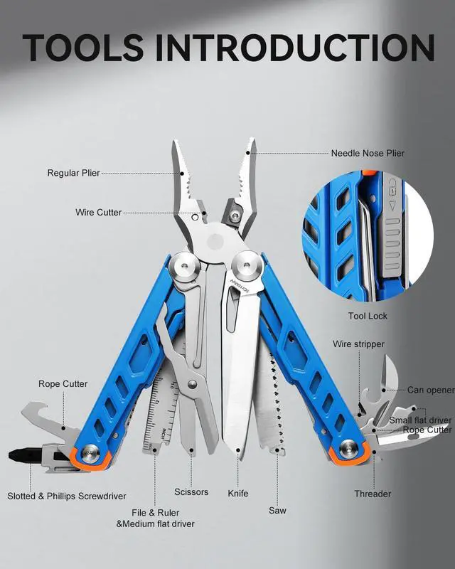 Alt view image 3 of 7 - Pocket 15-in-1 Multi tool Pliers with Safety-Lock and Sheath (Blue) | EDC Pocket Knife,3mm Wire Cutter, Saw,Bottle Opener, Screwdriver, Must-have for Survival and Out-door, Gifts for Men
