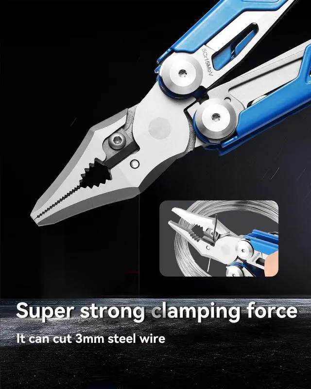 Alt view image 4 of 7 - Pocket 15-in-1 Multi tool Pliers with Safety-Lock and Sheath (Blue) | EDC Pocket Knife,3mm Wire Cutter, Saw,Bottle Opener, Screwdriver, Must-have for Survival and Out-door, Gifts for Men