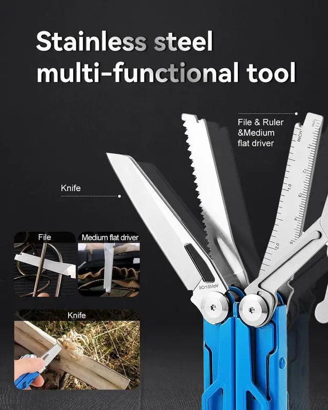 Alt view image 5 of 7 - Pocket 15-in-1 Multi tool Pliers with Safety-Lock and Sheath (Blue) | EDC Pocket Knife,3mm Wire Cutter, Saw,Bottle Opener, Screwdriver, Must-have for Survival and Out-door, Gifts for Men