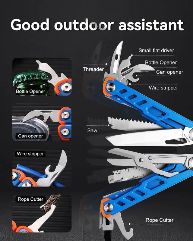 Alt view image 7 of 7 - Pocket 15-in-1 Multi tool Pliers with Safety-Lock and Sheath (Blue) | EDC Pocket Knife,3mm Wire Cutter, Saw,Bottle Opener, Screwdriver, Must-have for Survival and Out-door, Gifts for Men