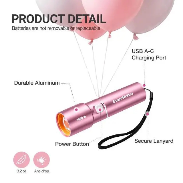 Alt view image 4 of 7 - Small EDC Rechargeable Flashlight with 3 Modes-Pink, 1 Pack | Mini Zoomable LED Flashlight with USB-C, 3 Modes Low/High/Strobe, Lanyard for Home, Camping, Emergencies, Gift