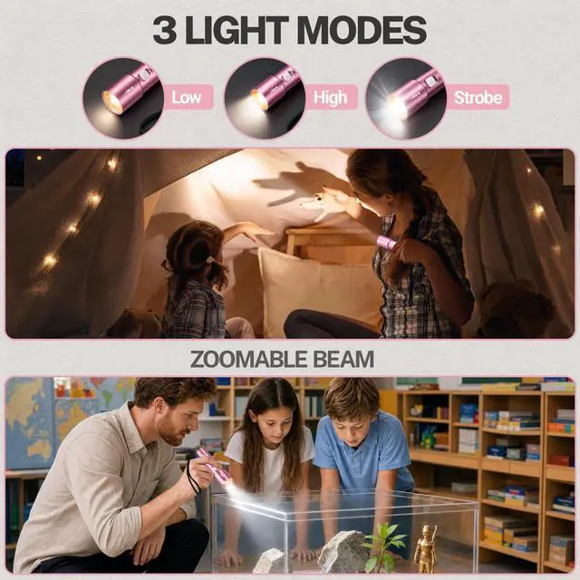 Alt view image 5 of 7 - Small EDC Rechargeable Flashlight with 3 Modes-Pink, 1 Pack | Mini Zoomable LED Flashlight with USB-C, 3 Modes Low/High/Strobe, Lanyard for Home, Camping, Emergencies, Gift