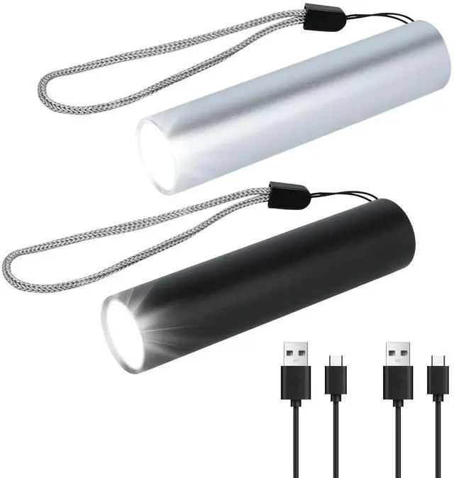 Main image of 2 Pack LED Flashlights Rechargeable Handheld Small Pocket EDC Flashlight Adjustable Brightness Walking Light for Night Walking Silver and Black