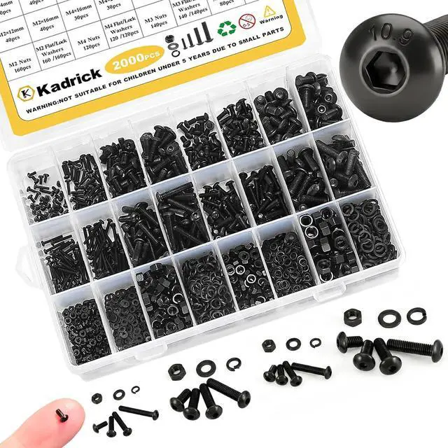 Main image of M2-M5 Metric Screw Assortment,2000PCS Hex Socket Button Head | Metric Screw Kit,Nuts Flat & Lock Washers IncludedClass 10.9 Alloy Steel