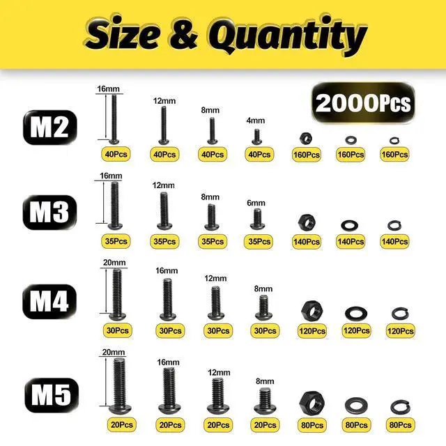 Alt view image 2 of 7 - M2-M5 Metric Screw Assortment,2000PCS Hex Socket Button Head | Metric Screw Kit,Nuts Flat & Lock Washers IncludedClass 10.9 Alloy Steel