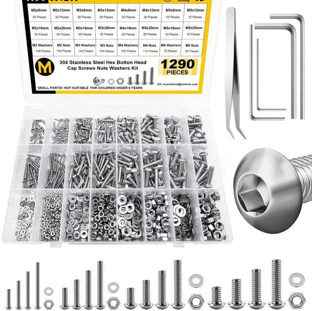Main image of 1290 Pieces M2 M3 M4 M5 Screw Nuts and Bolts Assortment Kit, Metric Screws 304 Stainless Steel Button Head Socket Cap Metric Screw Assortment with Flat Washers/Nuts/Hex Wrenches 16 Sizes