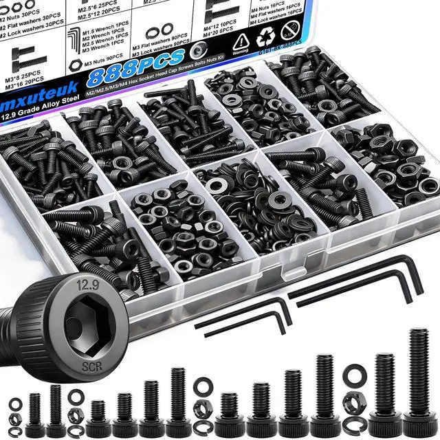 Main image of 888PCS Metric Screws Assortment,M4 M3 M2.5 M2 Screws Kit, Suitable for 3D Printing DIY, Grade 12.9 Alloy Steel Hex Socket Head Cap Bolts Nuts and Washers Kit, Black Zinc Plated
