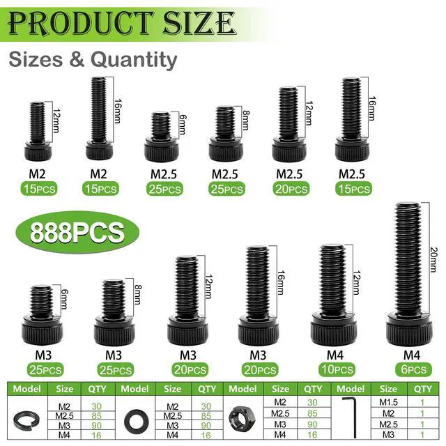 Alt view image 2 of 6 - 888PCS Metric Screws Assortment,M4 M3 M2.5 M2 Screws Kit, Suitable for 3D Printing DIY, Grade 12.9 Alloy Steel Hex Socket Head Cap Bolts Nuts and Washers Kit, Black Zinc Plated