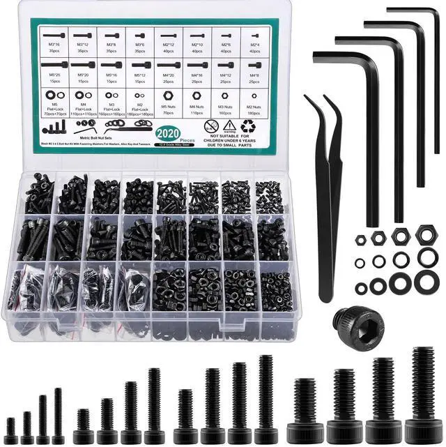 Main image of 2024 Pcs Metric Screw Assortment, Bolts and Nuts Assortment Metric Machine Screw Assortment M2 M3 M4 M5, 12.9 Alloy Steel Black Zinc Plated Hex Socket Head Screws Nuts Bolts and Washers Set