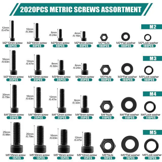 Alt view image 2 of 6 - 2024 Pcs Metric Screw Assortment, Bolts and Nuts Assortment Metric Machine Screw Assortment M2 M3 M4 M5, 12.9 Alloy Steel Black Zinc Plated Hex Socket Head Screws Nuts Bolts and Washers Set