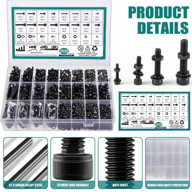 Alt view image 4 of 6 - 2024 Pcs Metric Screw Assortment, Bolts and Nuts Assortment Metric Machine Screw Assortment M2 M3 M4 M5, 12.9 Alloy Steel Black Zinc Plated Hex Socket Head Screws Nuts Bolts and Washers Set