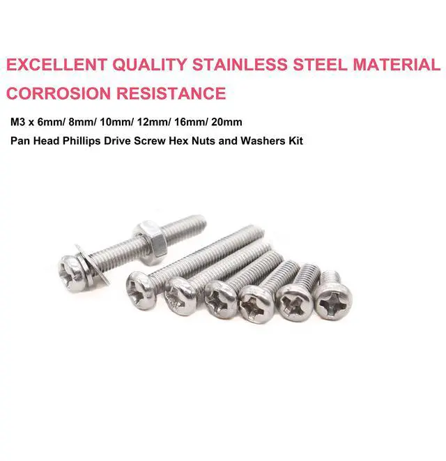 Alt view image 2 of 6 - 420pcs M3 x 6mm / 8mm/ 10mm/ 12mm/ 16mm/ 20mm Pan Head Machine Screws Washers Hex Nuts Assortment Kit, Phillips Drive, 304 Stainless Steel