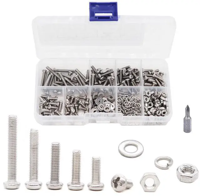Main image of 420pcs M3 x 6mm / 8mm/ 10mm/ 12mm/ 16mm/ 20mm Pan Head Machine Screws Washers Hex Nuts Assortment Kit, Phillips Drive, 304 Stainless Steel