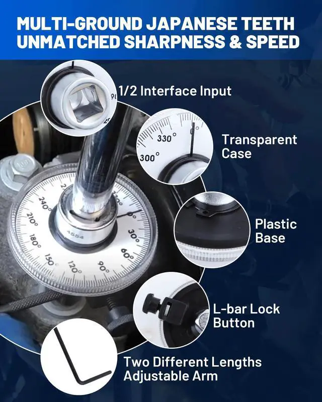 Alt view image 3 of 7 - 1/2 Torque Wrench, 360° Adjustable Torque Wrench Angle Gauge Mechanical Rotary Zero Return 1/2" Drive Torque Angle Gauge with Dual-Length Adjustable Arm for Cars, Trucks & Heavy Machinery