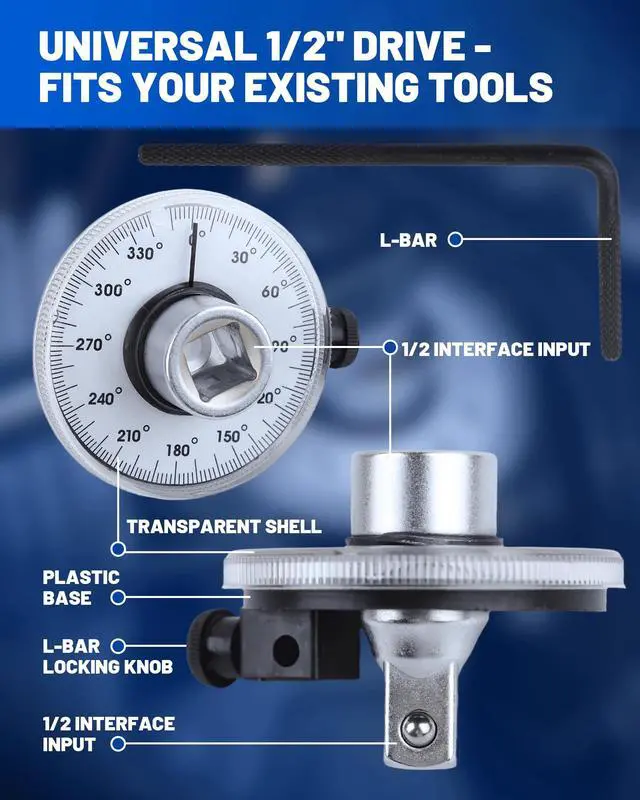 Alt view image 6 of 7 - 1/2 Torque Wrench, 360° Adjustable Torque Wrench Angle Gauge Mechanical Rotary Zero Return 1/2" Drive Torque Angle Gauge with Dual-Length Adjustable Arm for Cars, Trucks & Heavy Machinery