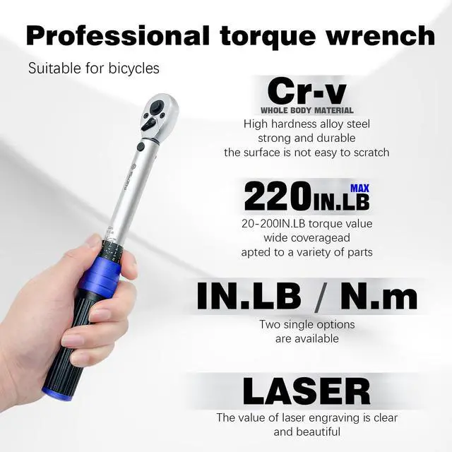 Alt view image 2 of 7 - 1/4-inch Drive Click Small Bike Torque Wrench 20-220in.lb / 2.3-24.9Nm Alloy Aluminum & Cr-Mo Material for Garage Bicycle & Car Maintenance,Small Engine, Bolt & Nut.