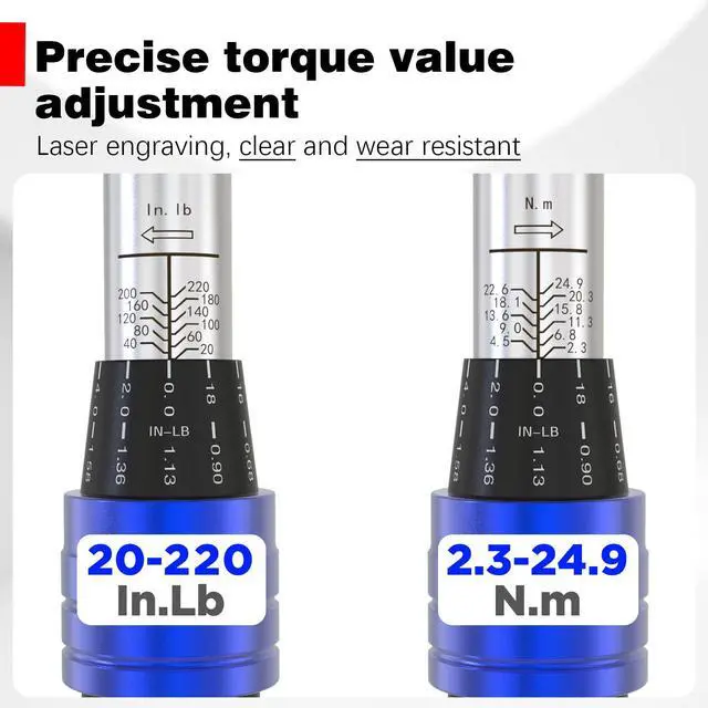 Alt view image 3 of 7 - 1/4-inch Drive Click Small Bike Torque Wrench 20-220in.lb / 2.3-24.9Nm Alloy Aluminum & Cr-Mo Material for Garage Bicycle & Car Maintenance,Small Engine, Bolt & Nut.