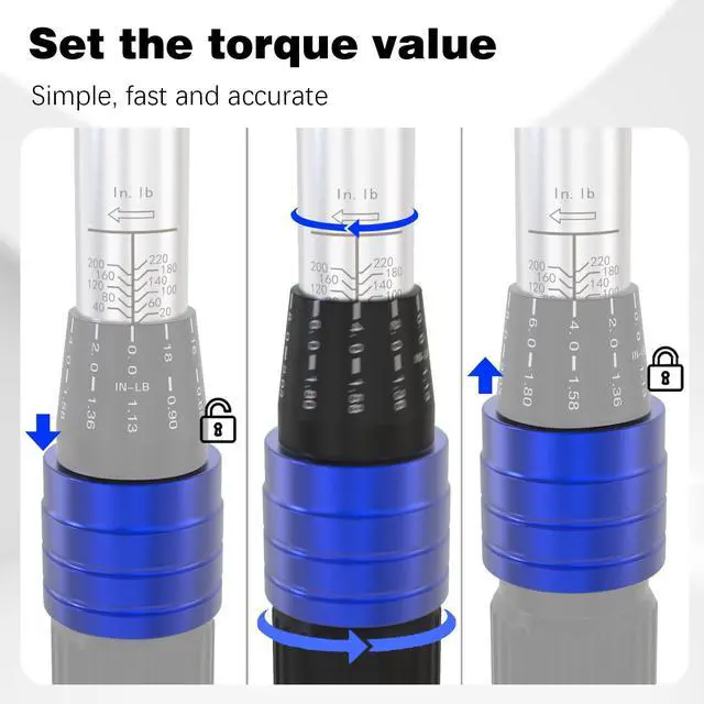 Alt view image 4 of 7 - 1/4-inch Drive Click Small Bike Torque Wrench 20-220in.lb / 2.3-24.9Nm Alloy Aluminum & Cr-Mo Material for Garage Bicycle & Car Maintenance,Small Engine, Bolt & Nut.