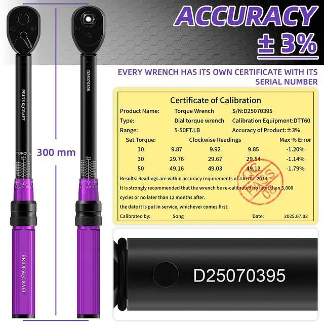 Alt view image 3 of 7 - 3/8 Inch Drive Click Torque Wrench, 3% High Precision Adjustable Dual Direction, 72-Tooth, 5-50 lbf.ft/6.8-68 Nm Torque Wrench for Bike, Motorcycle and Car Repair, Purple Black