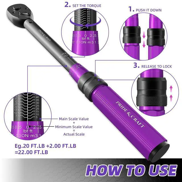 Alt view image 4 of 7 - 3/8 Inch Drive Click Torque Wrench, 3% High Precision Adjustable Dual Direction, 72-Tooth, 5-50 lbf.ft/6.8-68 Nm Torque Wrench for Bike, Motorcycle and Car Repair, Purple Black