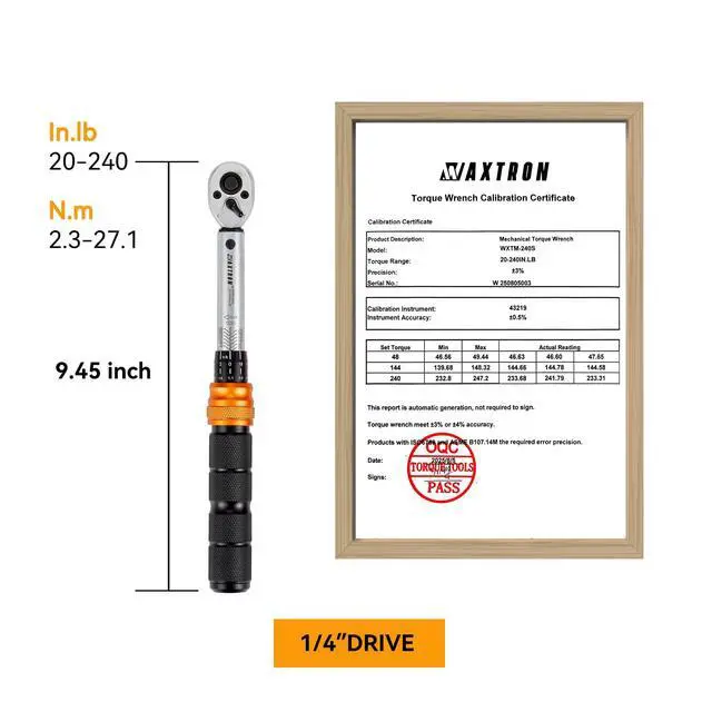 Alt view image 7 of 7 - 1/4" Drive Click Torque Wrench for Bike, MTB, and Motorcycle | 20-240 in-lb / 2.3-27 Nm, 72-Tooth Ratchet, ±3% ISO Accuracy, Chrome Vanadium, Storage Case