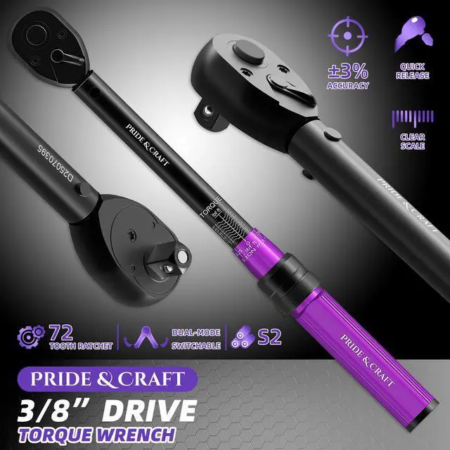 Alt view image 7 of 7 - 3/8 Inch Drive Click Torque Wrench, 3% High Precision Adjustable Dual Direction, 72-Tooth, 5-50 lbf.ft/6.8-68 Nm Torque Wrench for Bike, Motorcycle and Car Repair, Purple Black