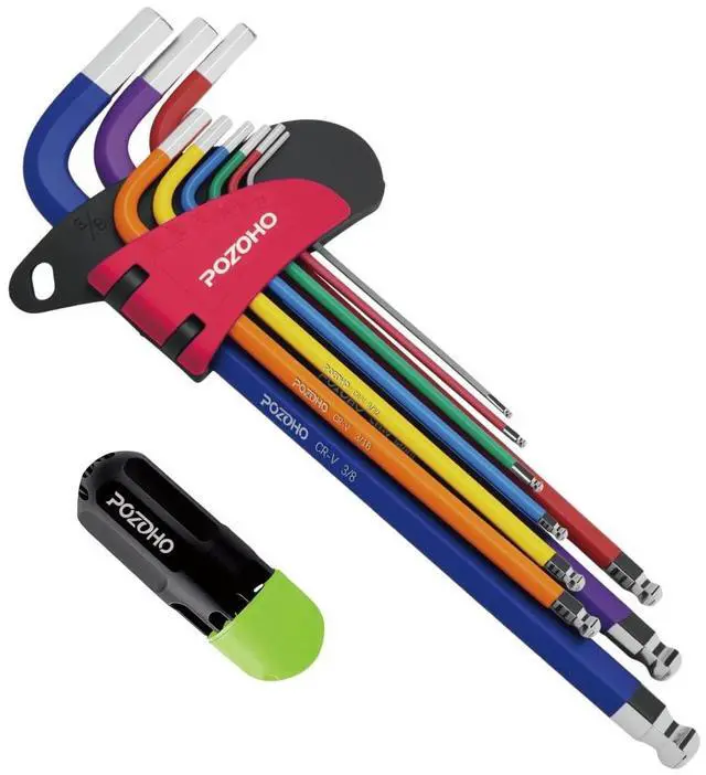 Main image of 10-Piece Extra-Long Arm SAE(1/16"-3/8") Hex Key Set | Color-Coded Ball End Allen Wrench with Torque Handle | Cr-V Steel, Anti-Rust for Motorcycle, Bike, Car & DIY, PTM01010B