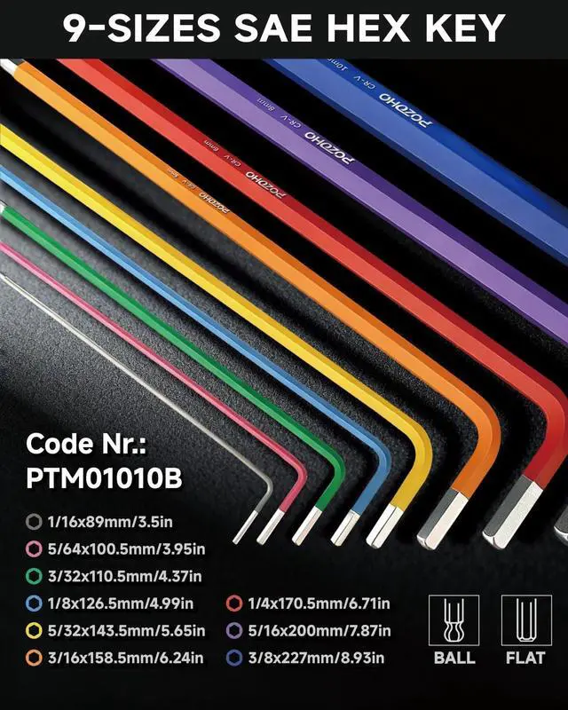 Alt view image 2 of 7 - 10-Piece Extra-Long Arm SAE(1/16"-3/8") Hex Key Set | Color-Coded Ball End Allen Wrench with Torque Handle | Cr-V Steel, Anti-Rust for Motorcycle, Bike, Car & DIY, PTM01010B
